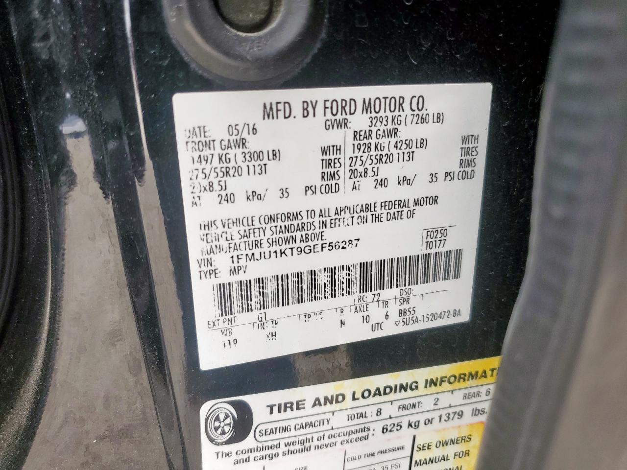 2016 Ford Expedition Limited VIN: 1FMJU1KT9GEF56287 Lot: 69365655