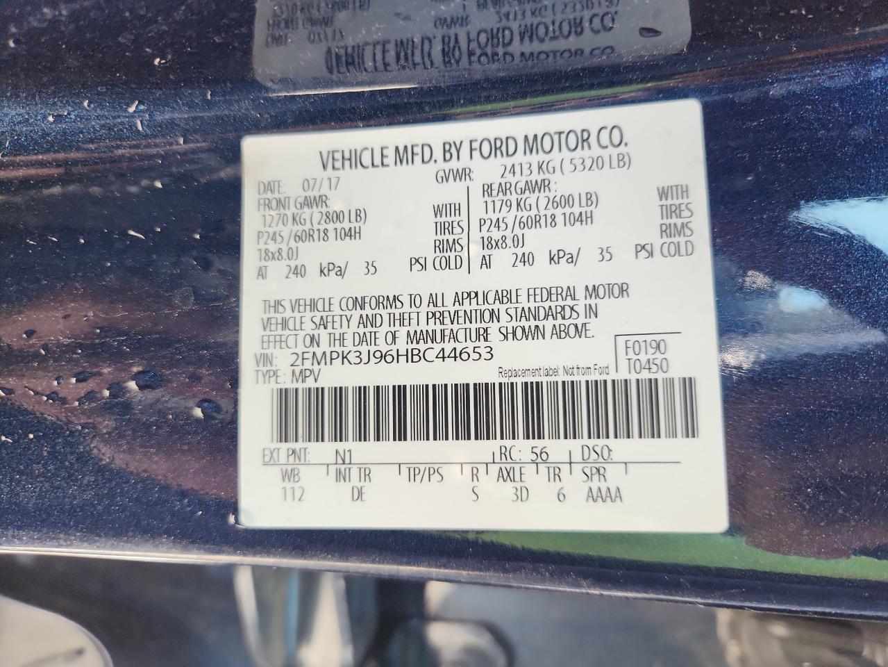 2017 Ford Edge Sel VIN: 2FMPK3J96HBC44653 Lot: 70550375