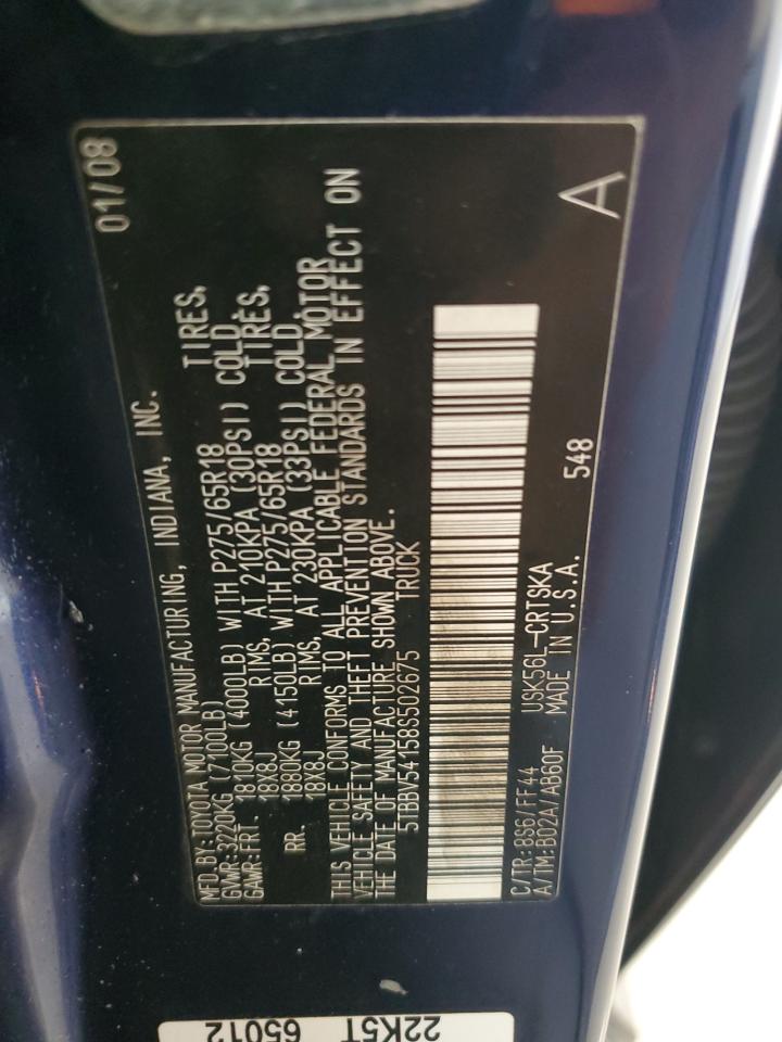 2008 Toyota Tundra Double Cab VIN: 5TBBV54158S502675 Lot: 67518235