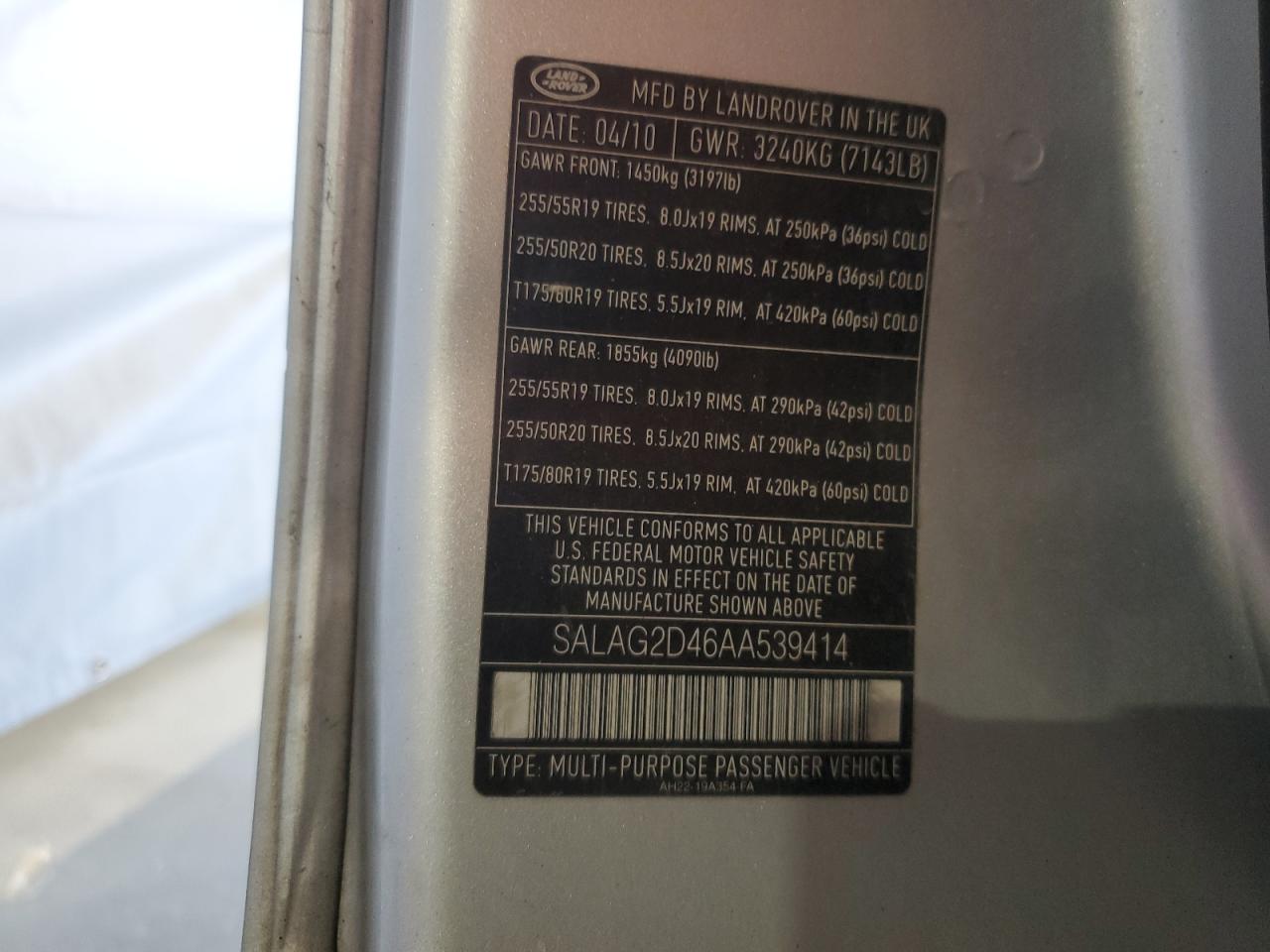2010 Land Rover Lr4 Hse VIN: SALAG2D46AA539414 Lot: 68323995