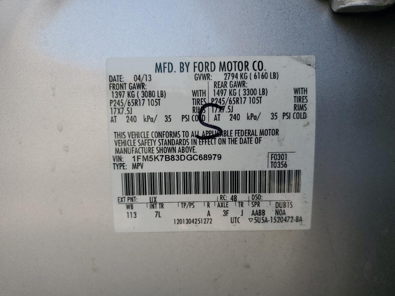 2013 Ford Explorer VIN: 1FM5K7B83DGC68979 Lot: 67356775