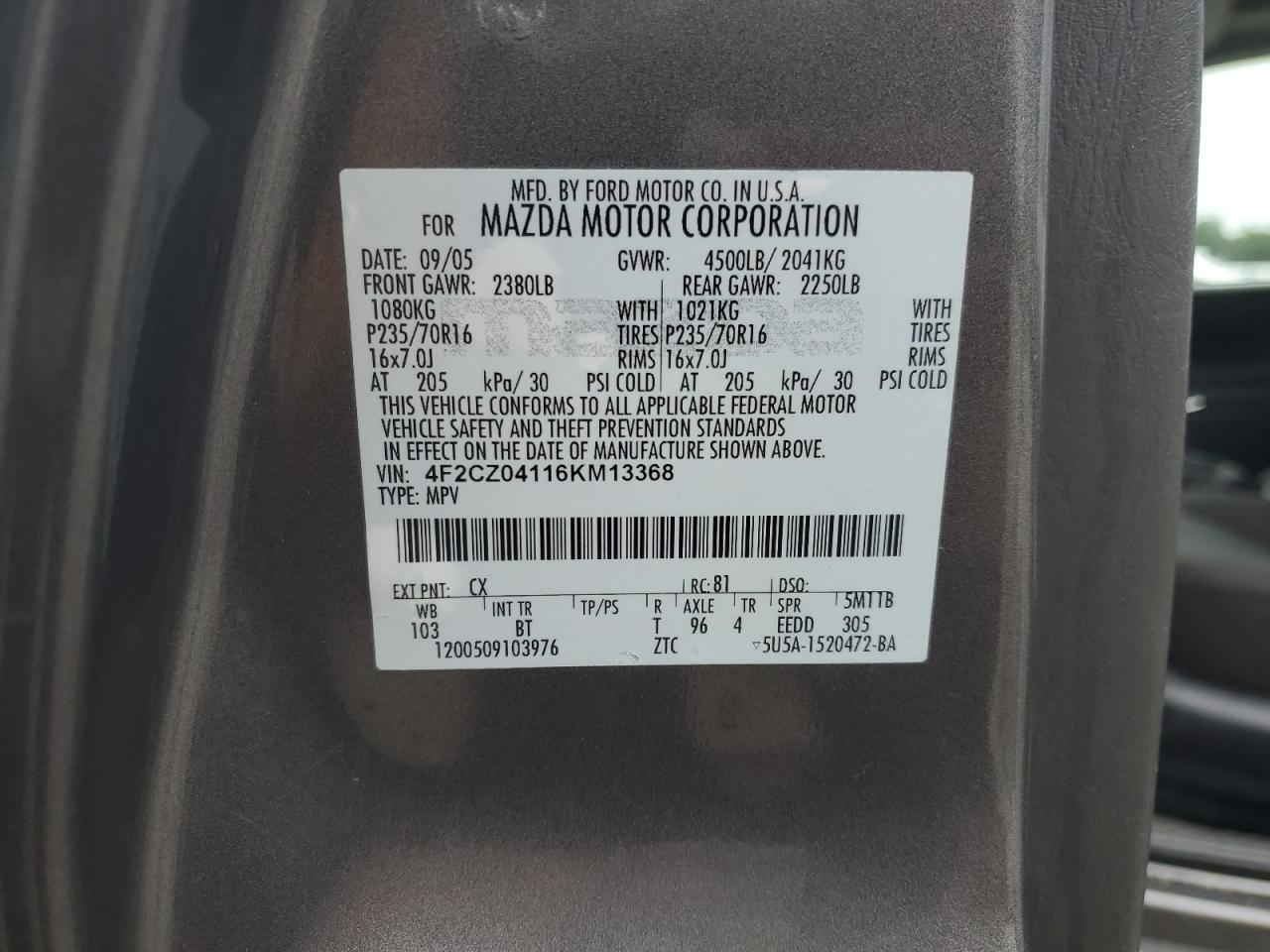 2006 Mazda Tribute S VIN: 4F2CZ04116KM13368 Lot: 66897355
