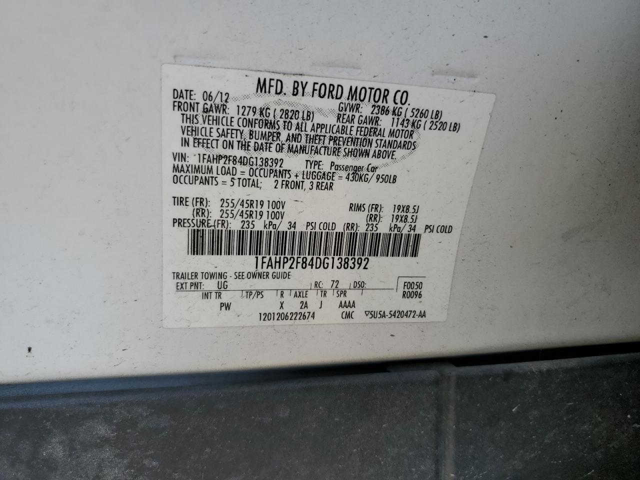 2013 Ford Taurus Limited VIN: 1FAHP2F84DG138392 Lot: 68029795