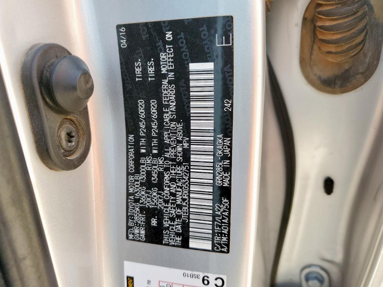 2016 Toyota 4Runner Sr5/Sr5 Premium VIN: JTEBU5JRXG5342751 Lot: 69044825