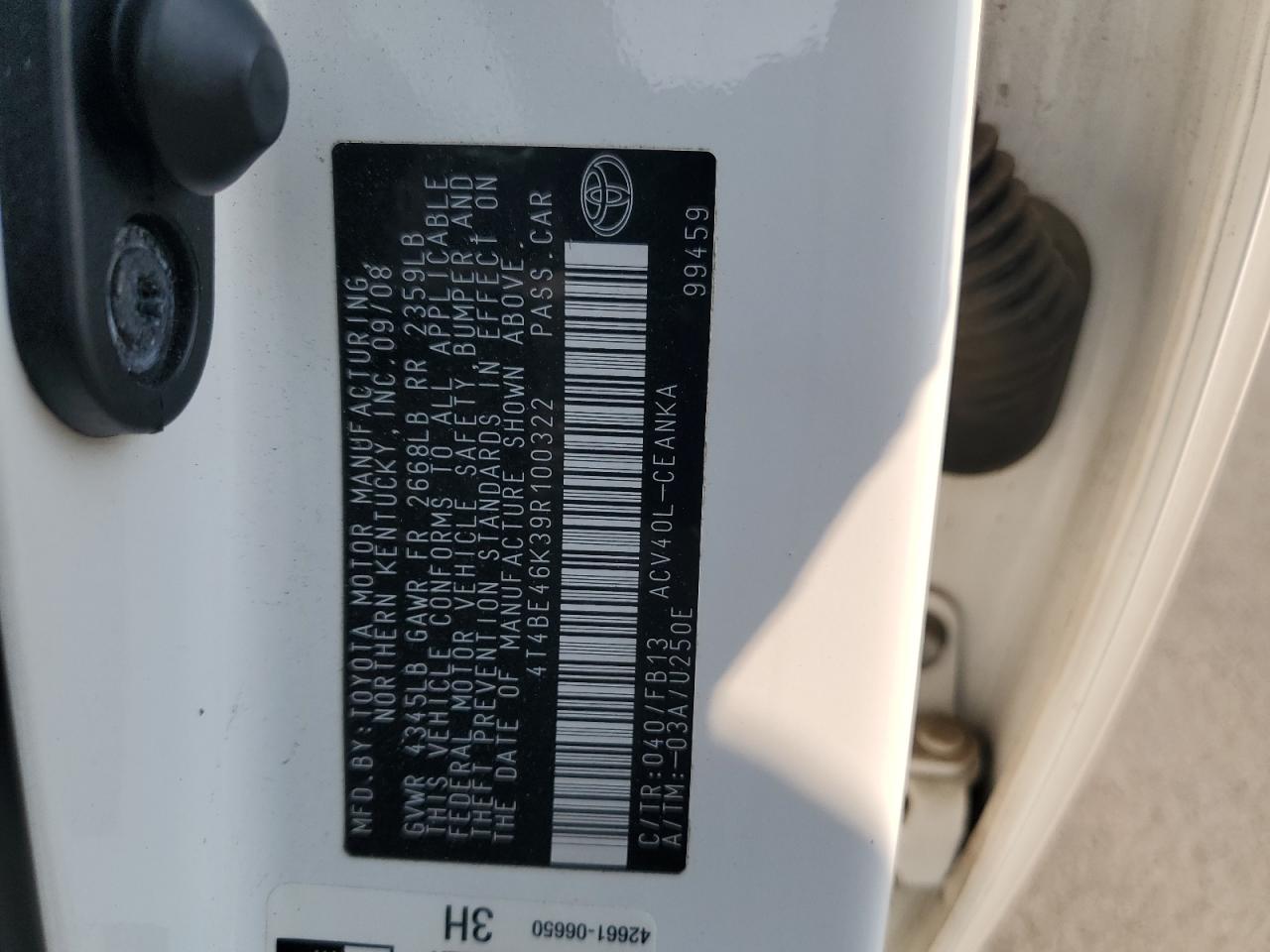 2009 Toyota Camry Base VIN: 4T4BE46K39R100322 Lot: 71203935