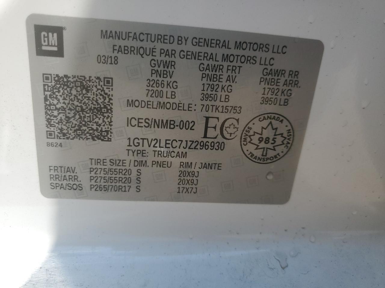 2018 GMC Sierra K1500 VIN: 1GTV2LEC7JZ296930 Lot: 68973575