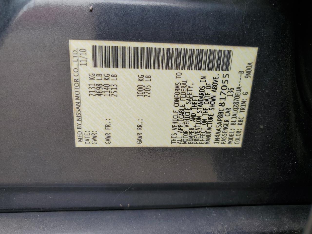 2011 Nissan Maxima S VIN: 1N4AA5AP8BC817055 Lot: 68863755