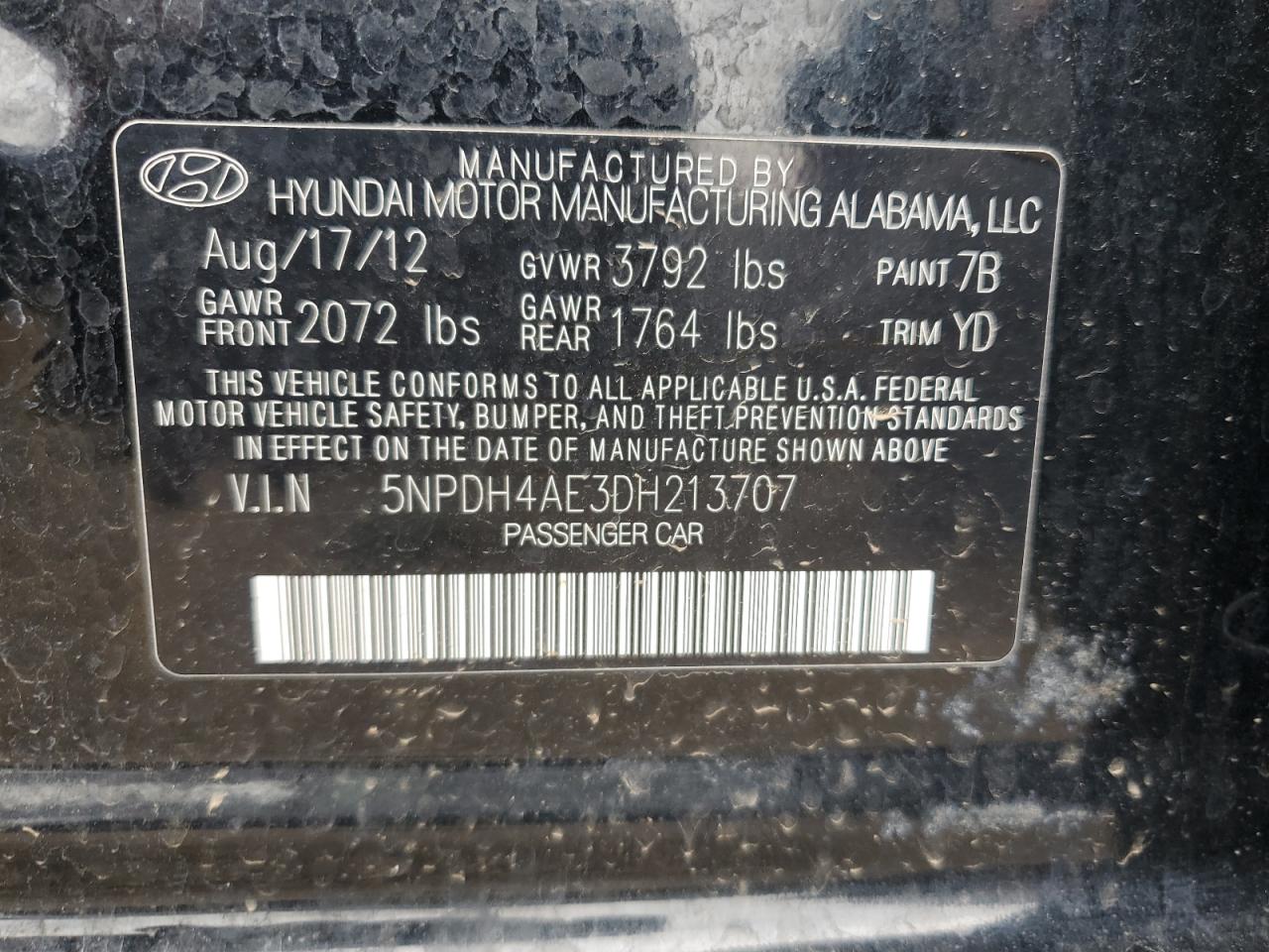 2013 Hyundai Elantra Gls VIN: 5NPDH4AE3DH213707 Lot: 69141655