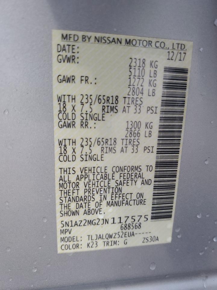 2018 Nissan Murano S VIN: 5N1AZ2MG2JN117575 Lot: 69819505