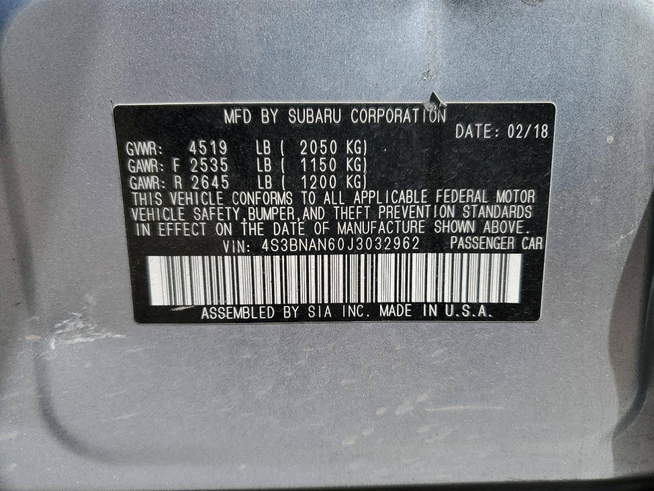 2018 Subaru Legacy 2.5I Limited VIN: 4S3BNAN60J3032962 Lot: 70258485