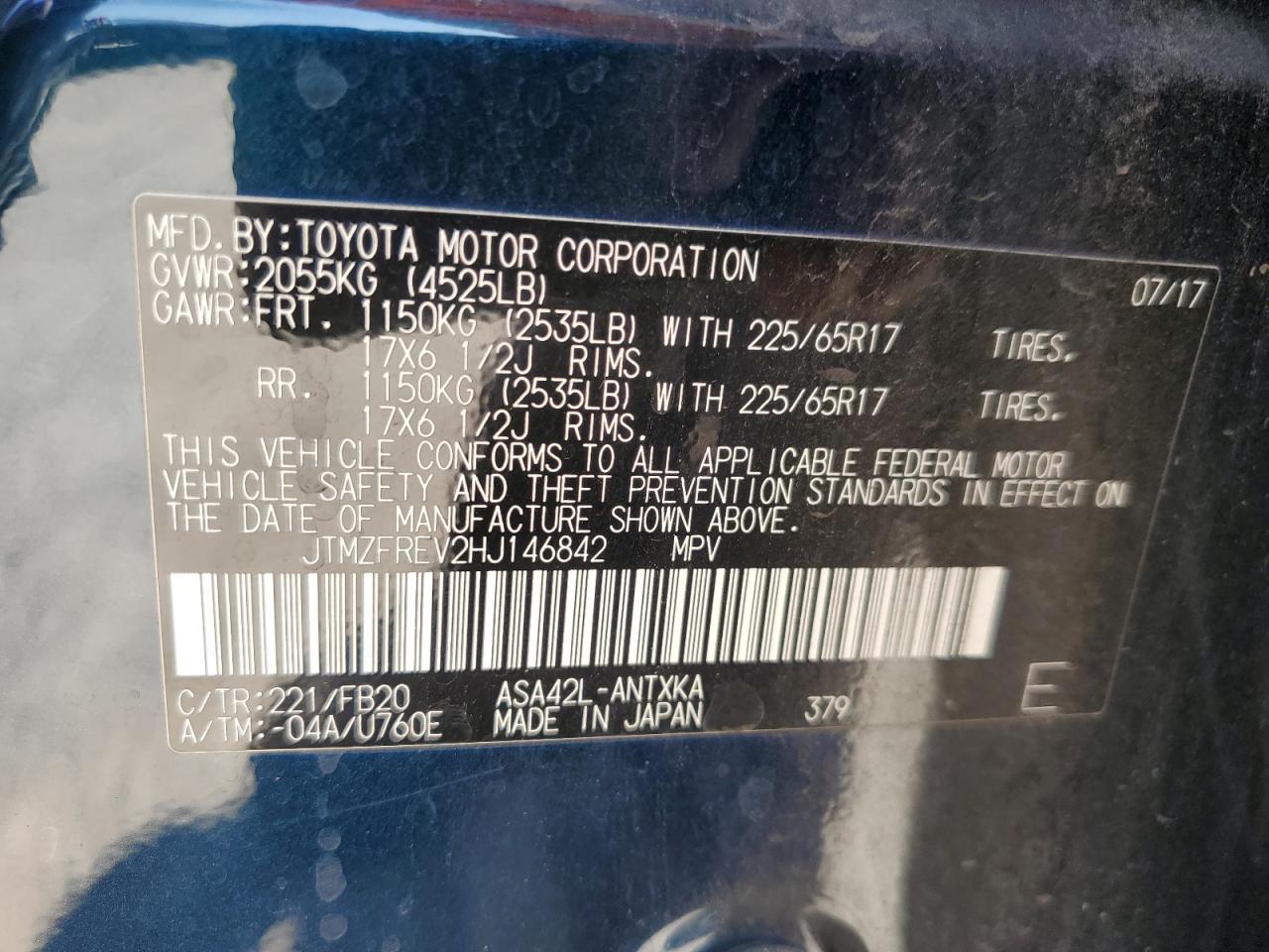 2017 Toyota Rav4 Le VIN: JTMZFREV2HJ146842 Lot: 69919875