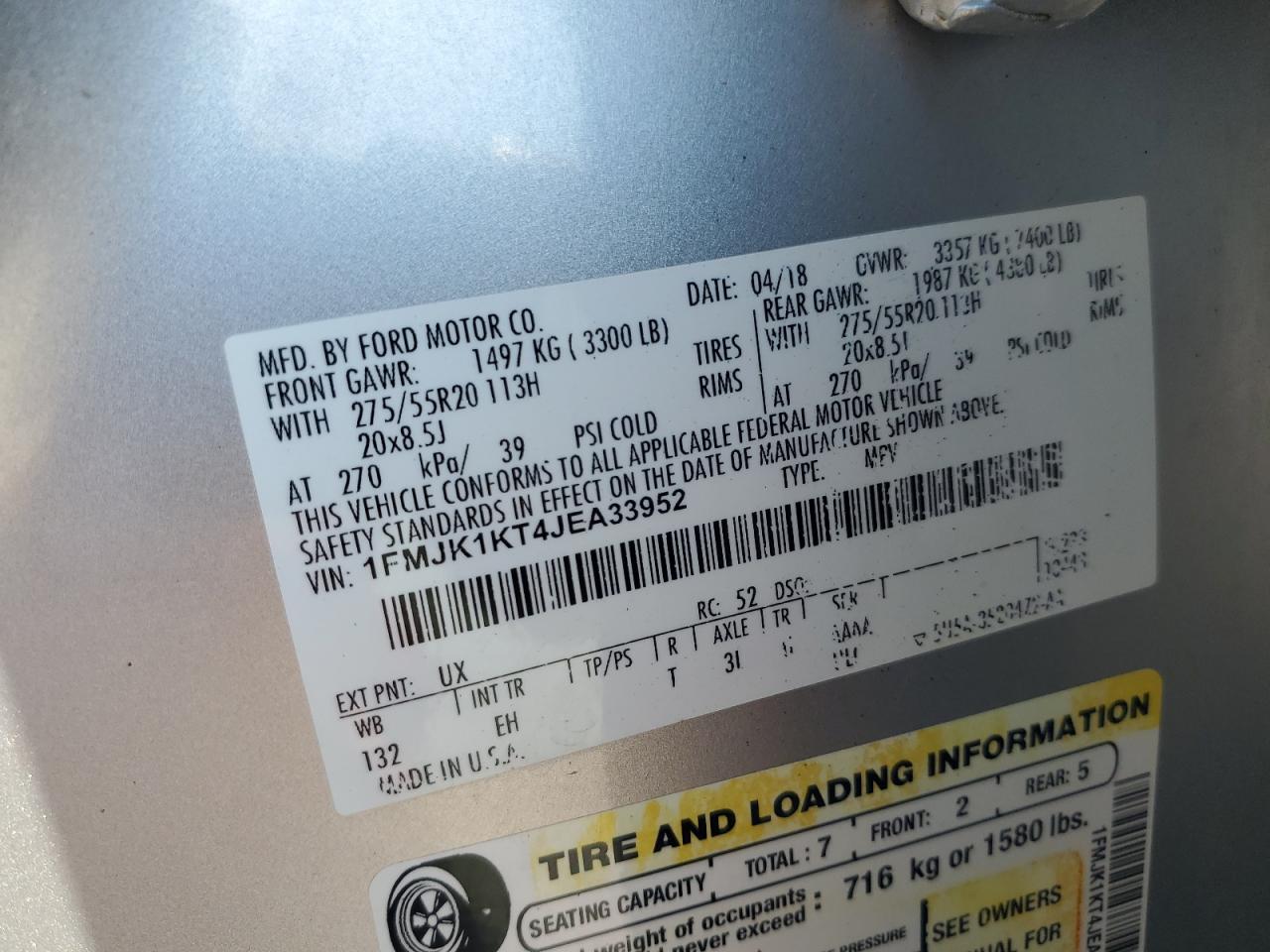 2018 Ford Expedition Max Limited VIN: 1FMJK1KT4JEA33952 Lot: 68307505