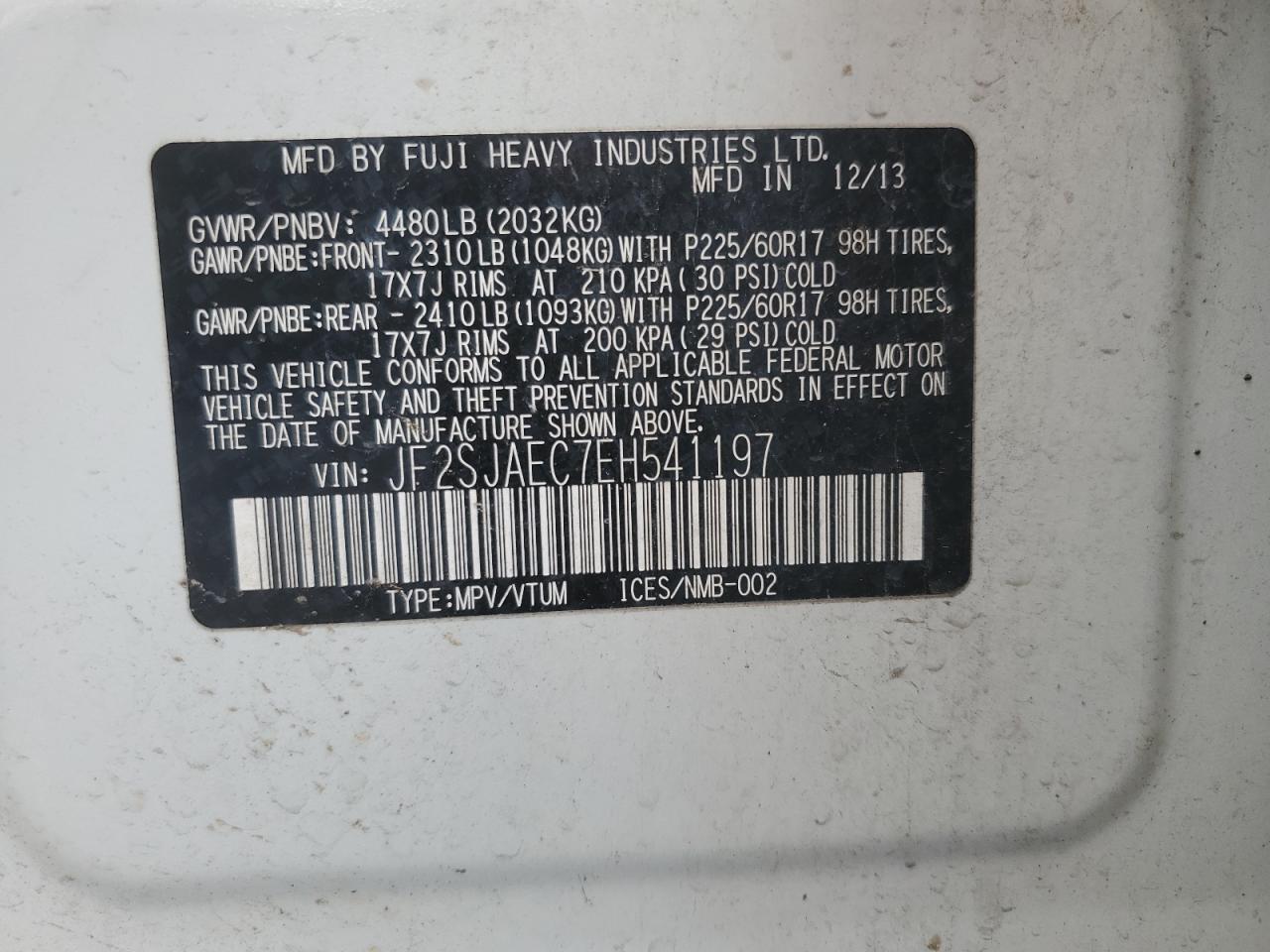 2014 Subaru Forester 2.5I Premium VIN: JF2SJAEC7EH541197 Lot: 68672625