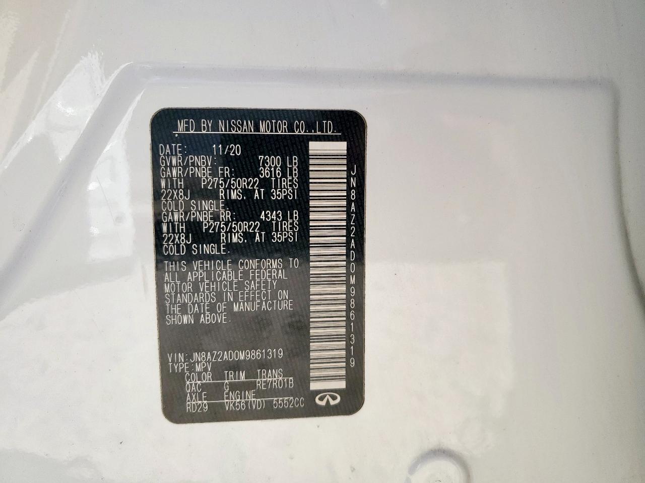 2021 Infiniti Qx80 Luxe VIN: JN8AZ2AD0M9861319 Lot: 85503545