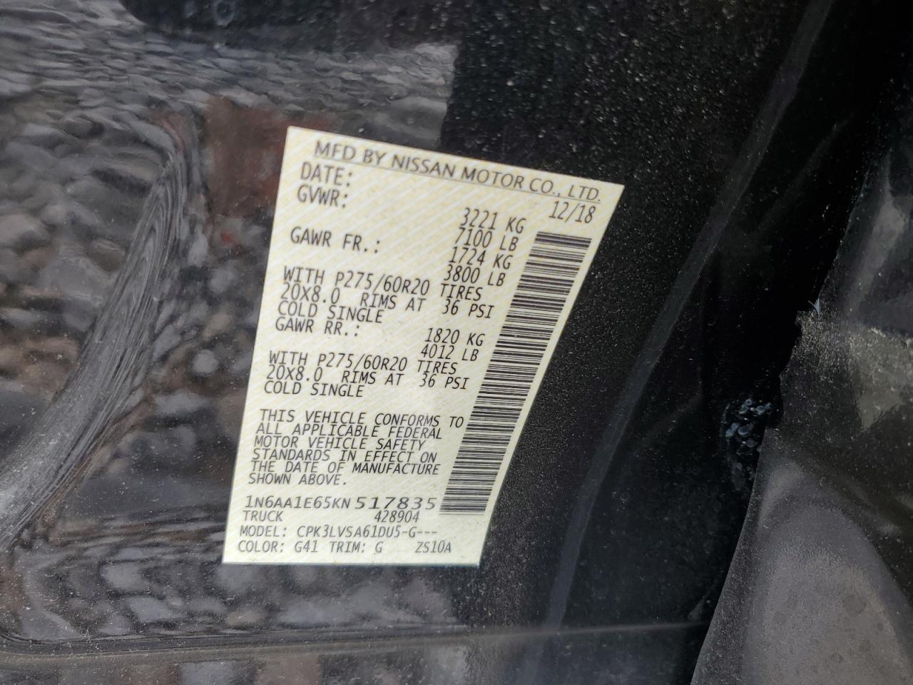 2019 Nissan Titan Platinum Reserve VIN: 1N6AA1E65KN517835 Lot: 71013055