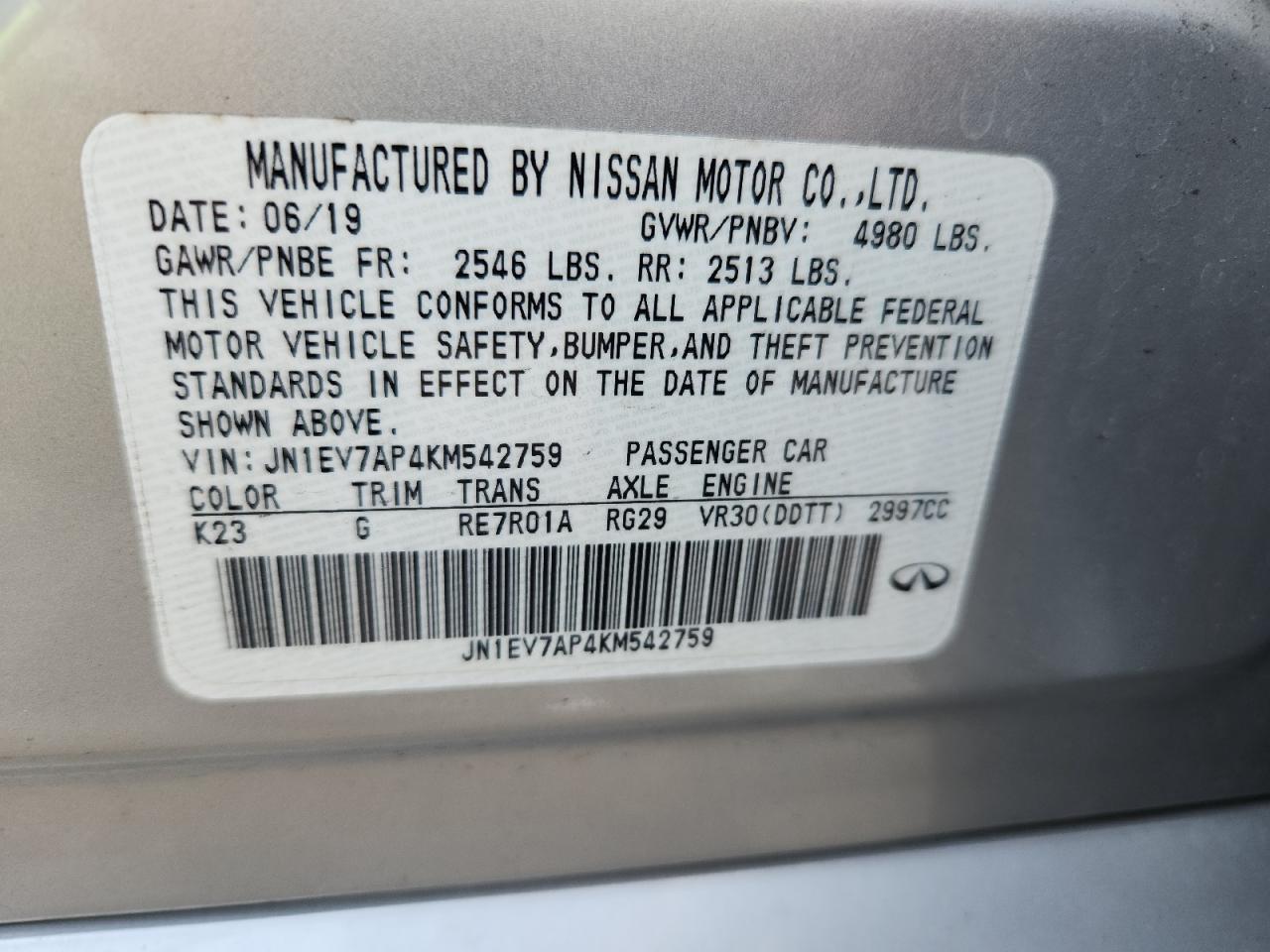 2019 Infiniti Q50 Luxe VIN: JN1EV7AP4KM542759 Lot: 69115125