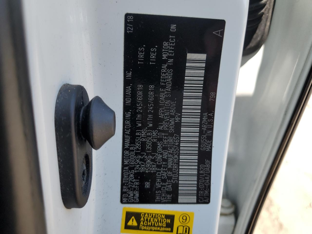 2019 Toyota Highlander Se VIN: 5TDJZRFH0KS574657 Lot: 68293725