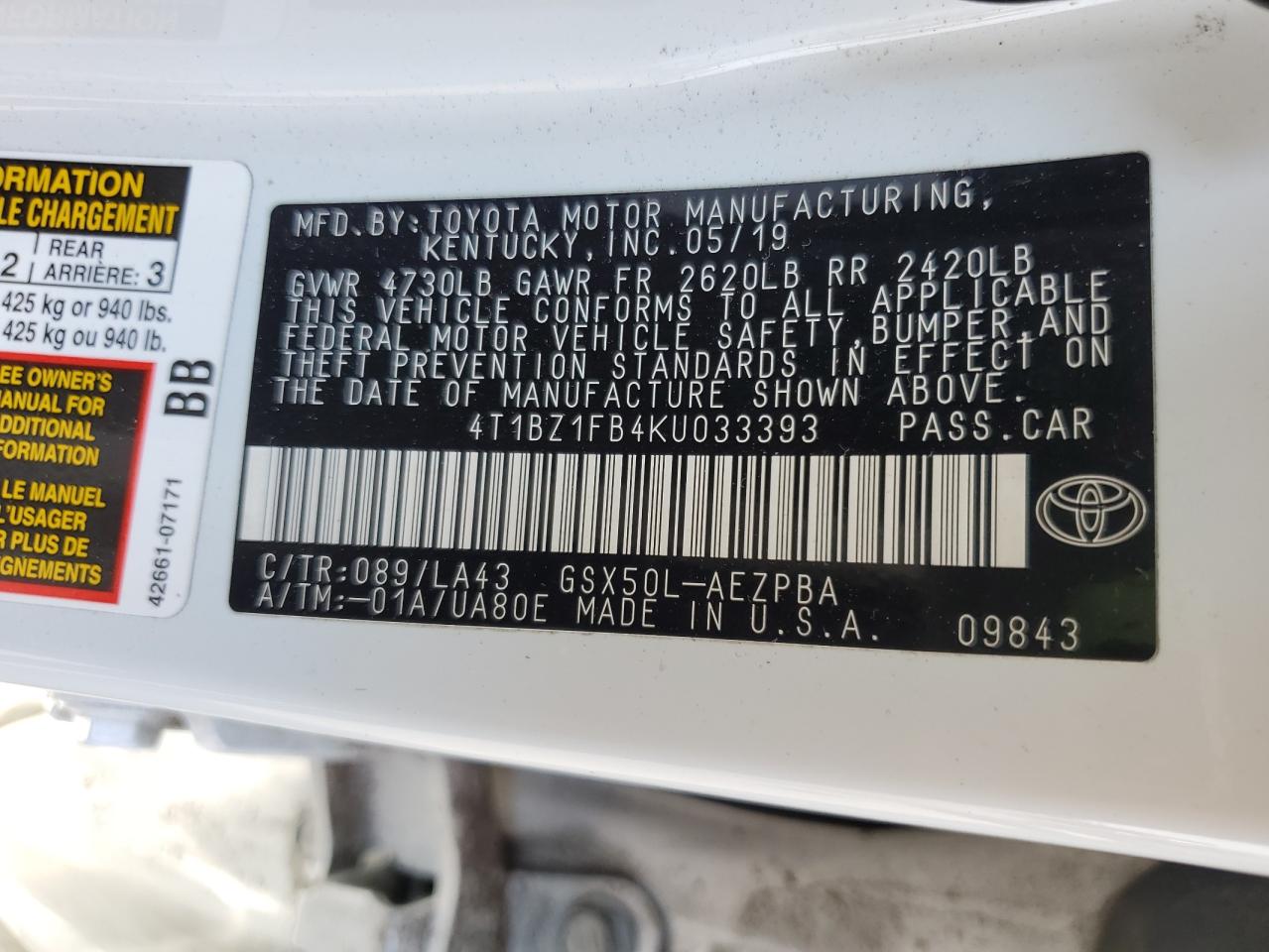 2019 Toyota Avalon Xle VIN: 4T1BZ1FB4KU033393 Lot: 69592915