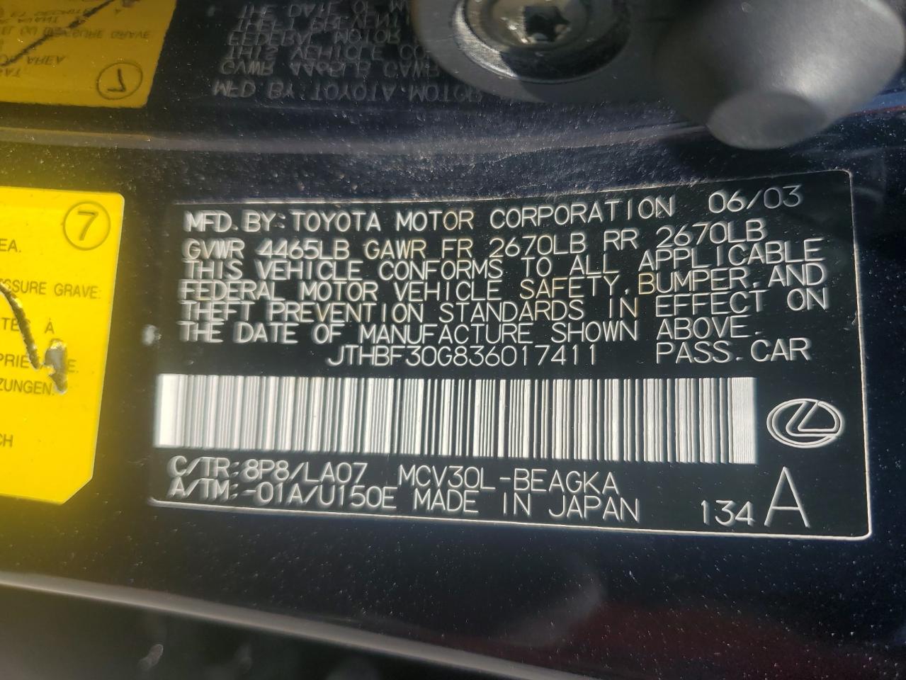 2003 Lexus Es 300 VIN: JTHBF30G836017411 Lot: 69821435