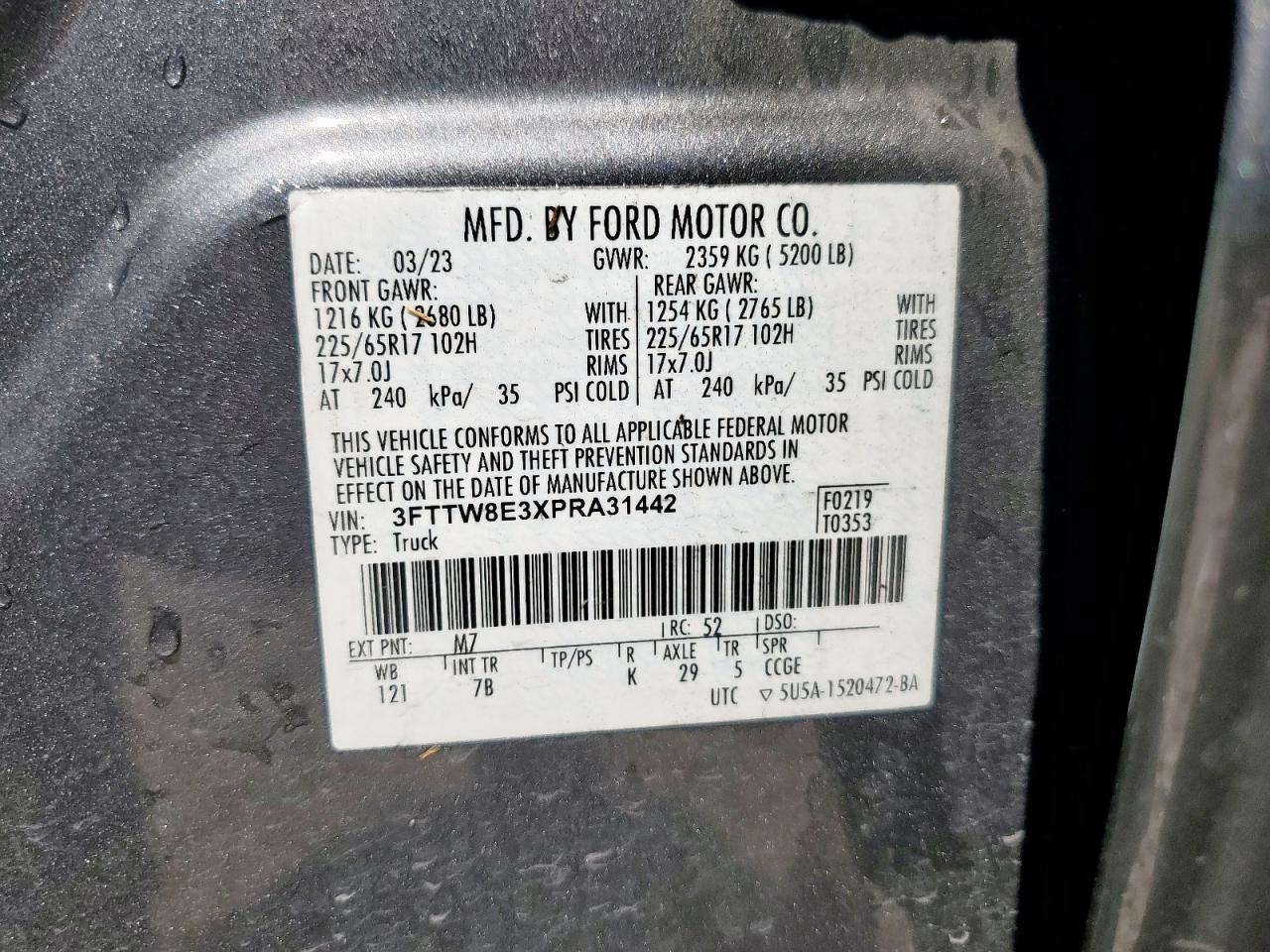 2023 Ford Maverick Xl VIN: 3FTTW8E3XPRA31442 Lot: 67937715