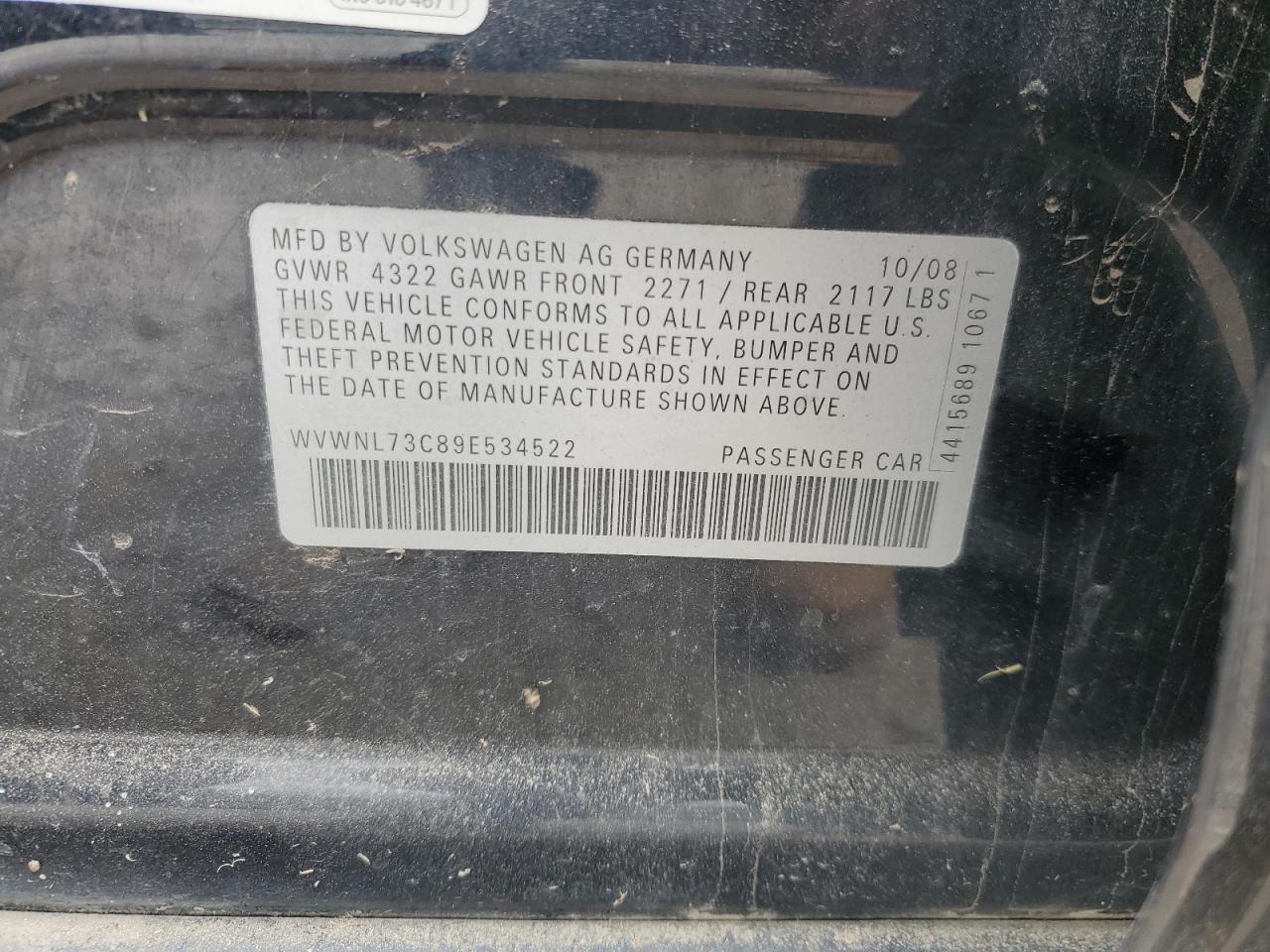 2009 Volkswagen Cc Sport VIN: WVWNL73C89E534522 Lot: 71074885