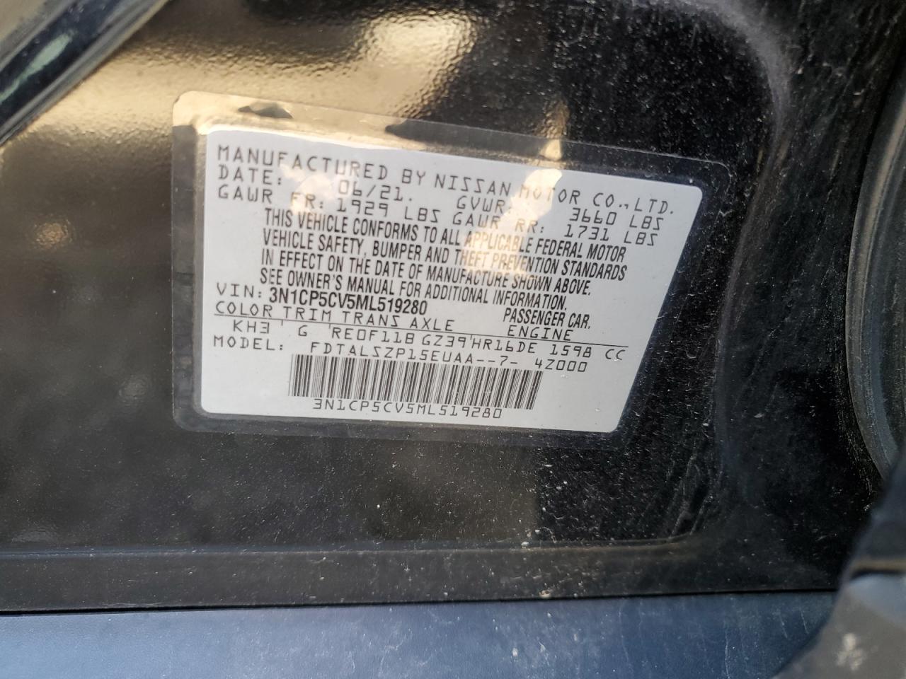 2021 Nissan Kicks Sv VIN: 3N1CP5CV5ML519280 Lot: 69197095