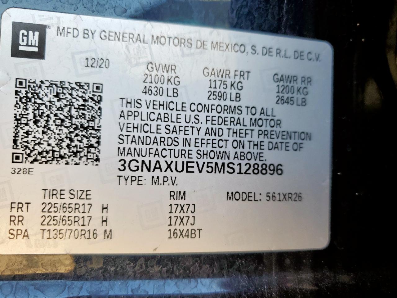 2021 Chevrolet Equinox Lt VIN: 3GNAXUEV5MS128896 Lot: 69037415