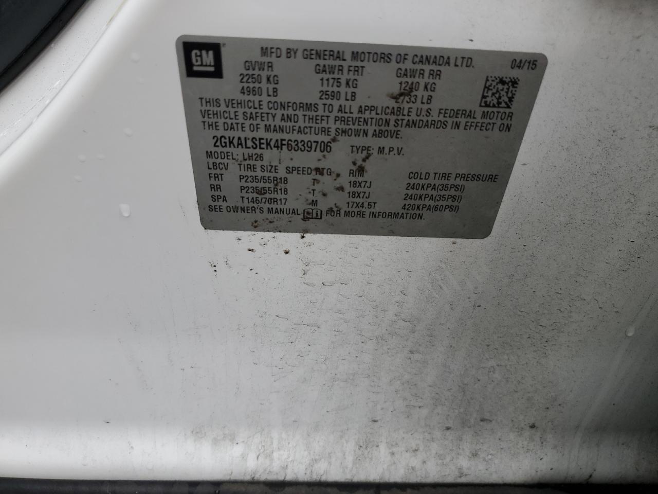 2015 GMC Terrain Slt VIN: 2GKALSEK4F6339706 Lot: 70704295