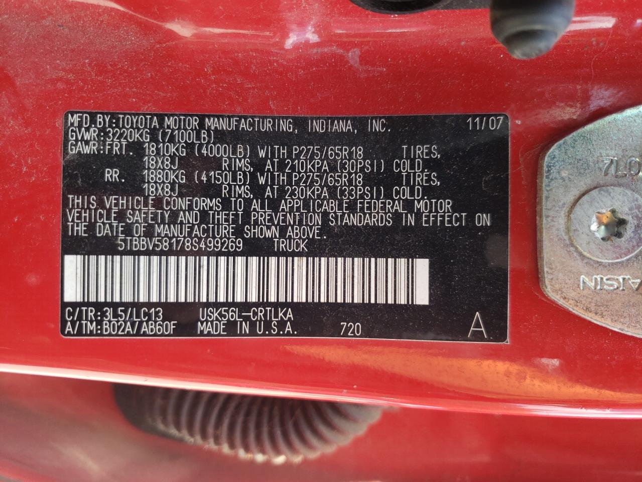 2008 Toyota Tundra Double Cab Limited VIN: 5TBBV58178S499269 Lot: 67580635