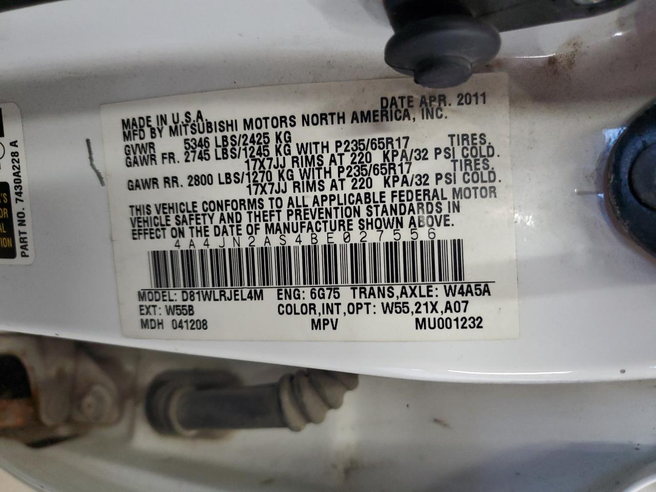 2011 Mitsubishi Endeavor Ls VIN: 4A4JN2AS4BE027556 Lot: 67190515