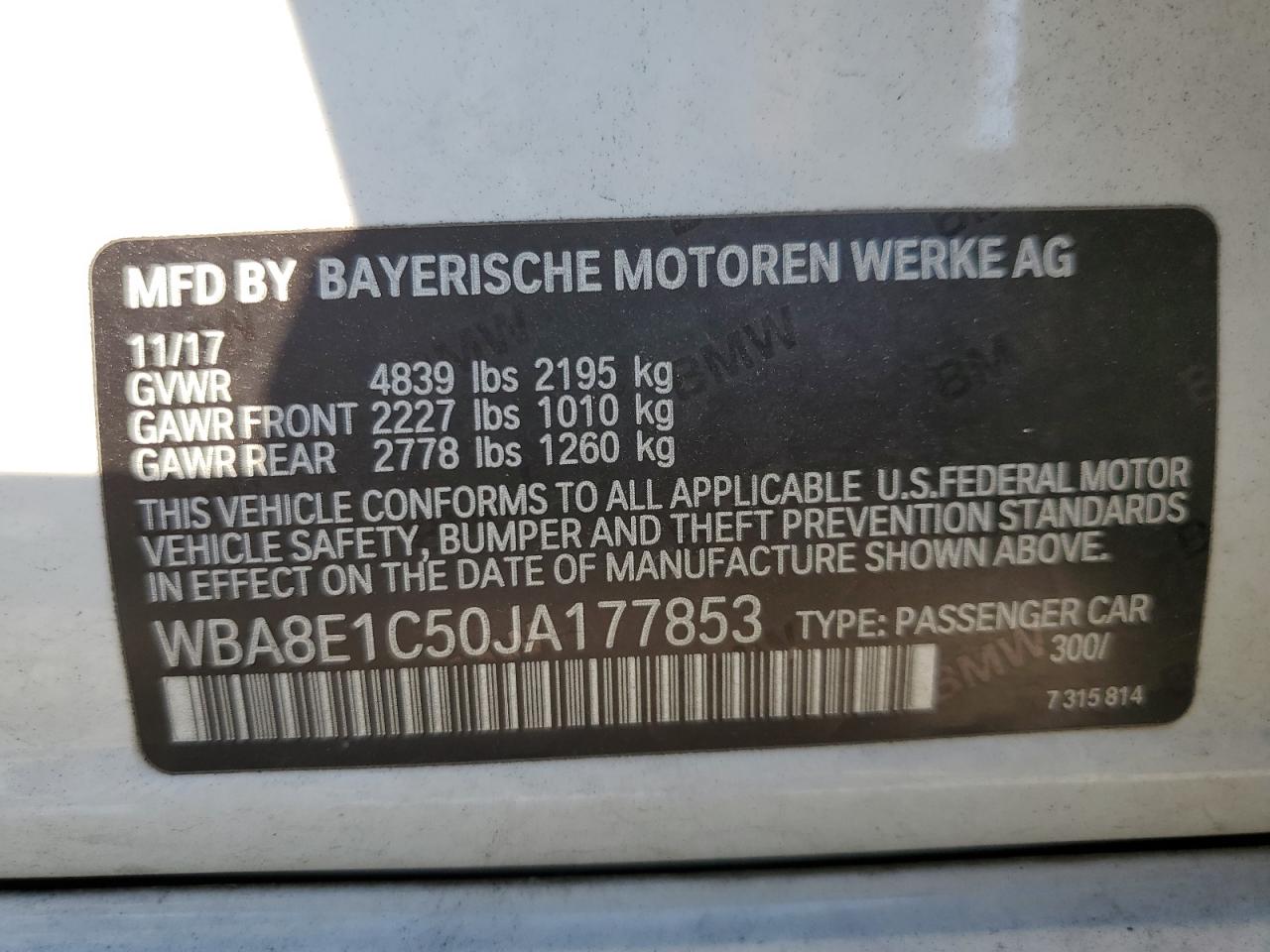 2018 BMW 330E VIN: WBA8E1C50JA177853 Lot: 70671935