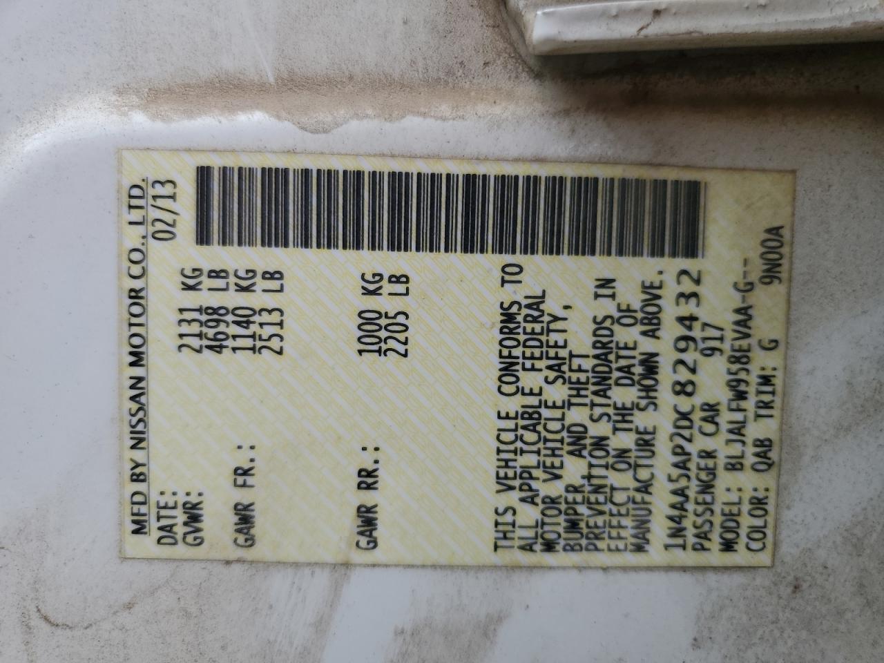 2013 Nissan Maxima S VIN: 1N4AA5AP2DC829432 Lot: 70859805