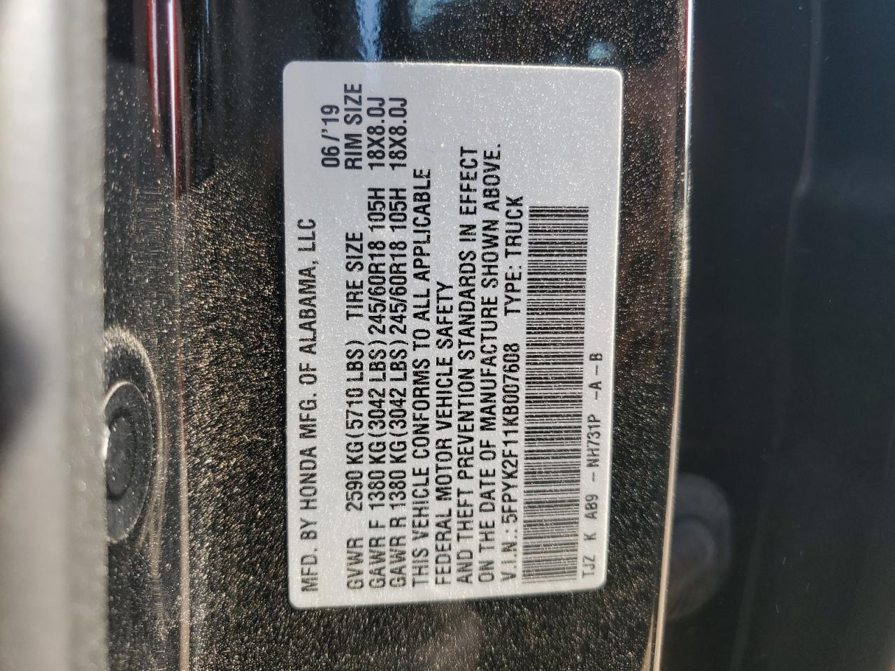 2019 Honda Ridgeline Sport VIN: 5FPYK2F11KB007608 Lot: 68271355