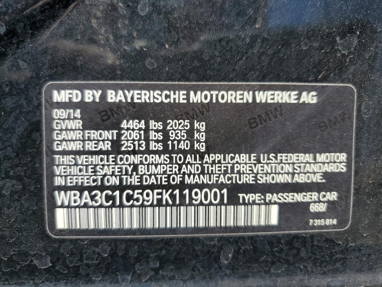 2015 BMW 328 I Sulev VIN: WBA3C1C59FK119001 Lot: 70016345