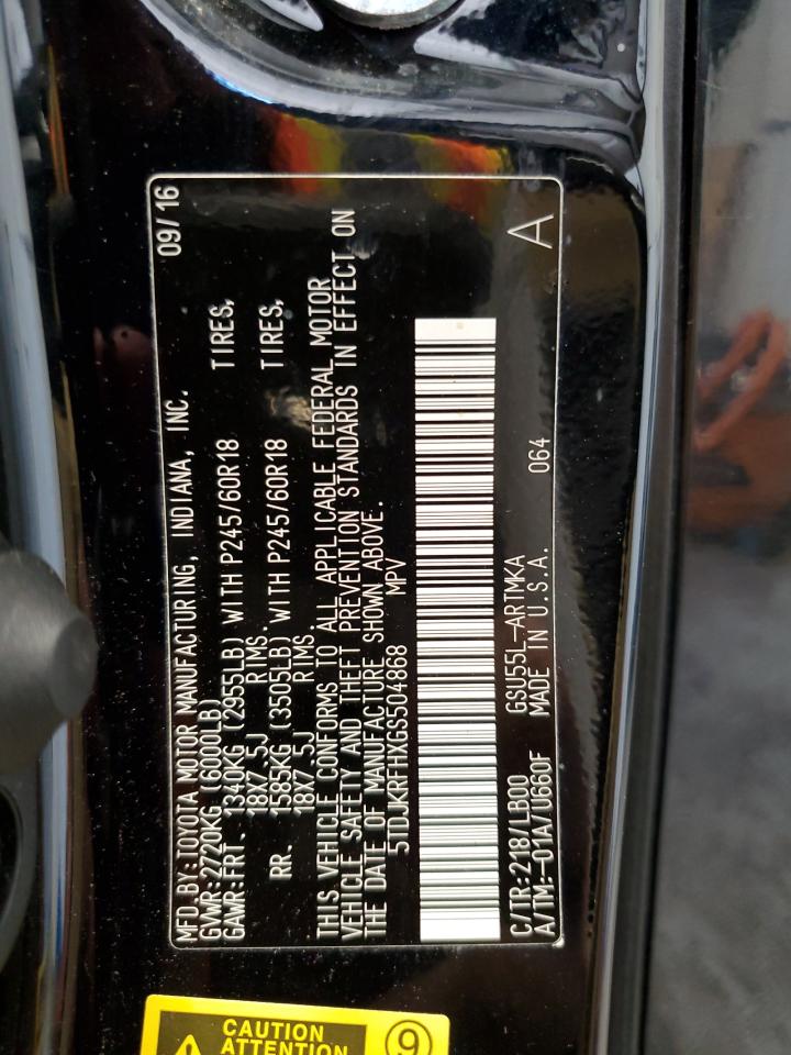 2016 Toyota Highlander Xle VIN: 5TDJKRFHXGS504868 Lot: 67352565