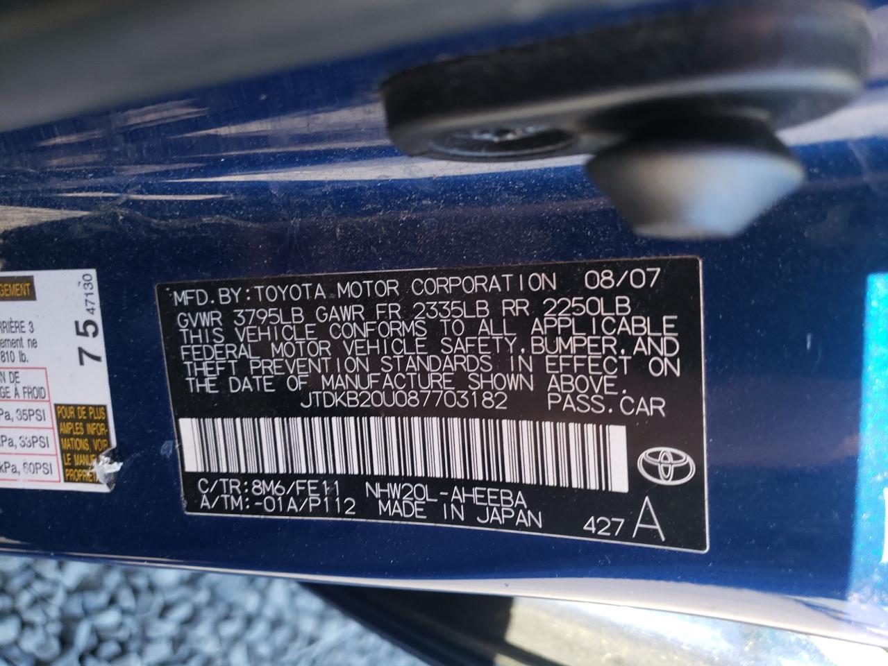 2008 Toyota Prius VIN: JTDKB20U087703182 Lot: 70054945