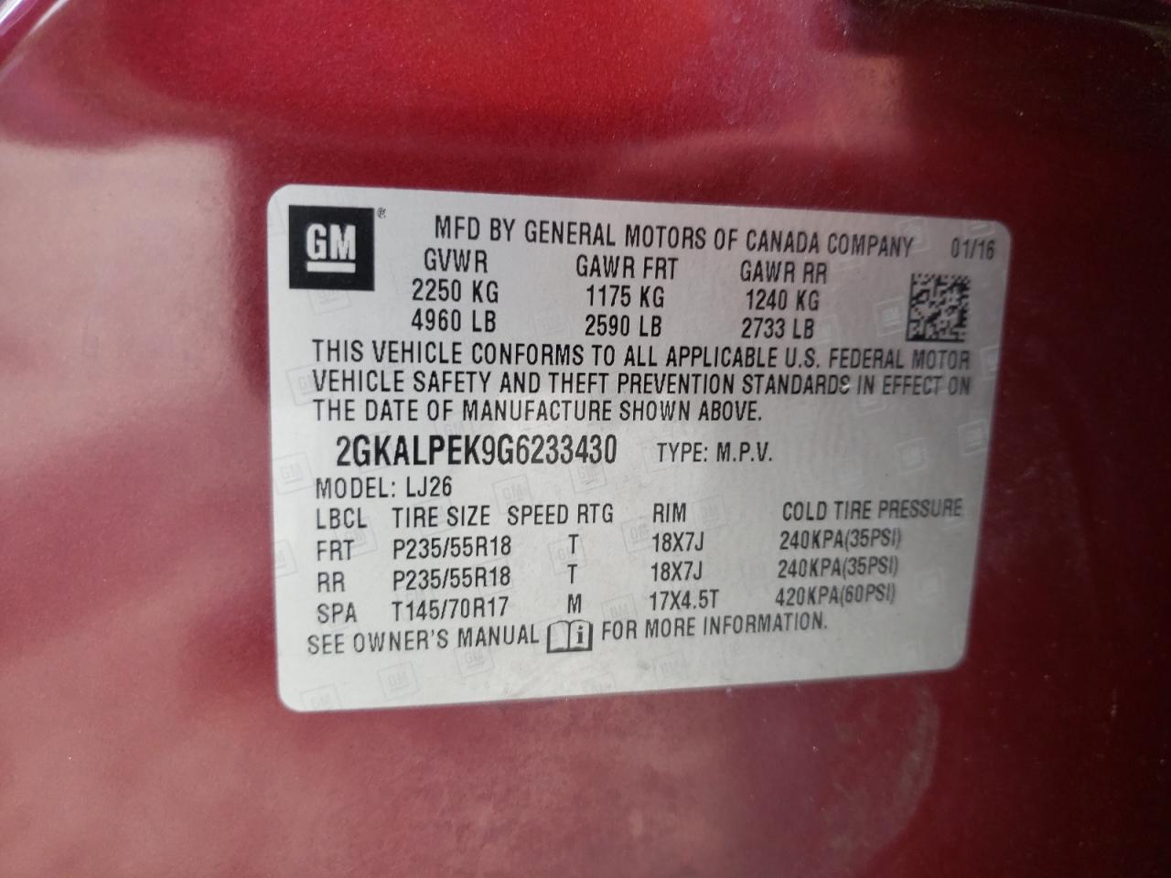 2016 GMC Terrain Slt VIN: 2GKALPEK9G6233430 Lot: 67636085