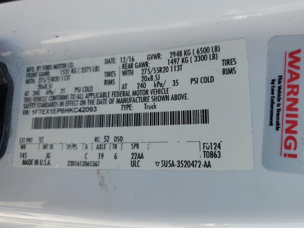 2017 Ford F150 Super Cab VIN: 1FTEX1EP6HKC42093 Lot: 68509855