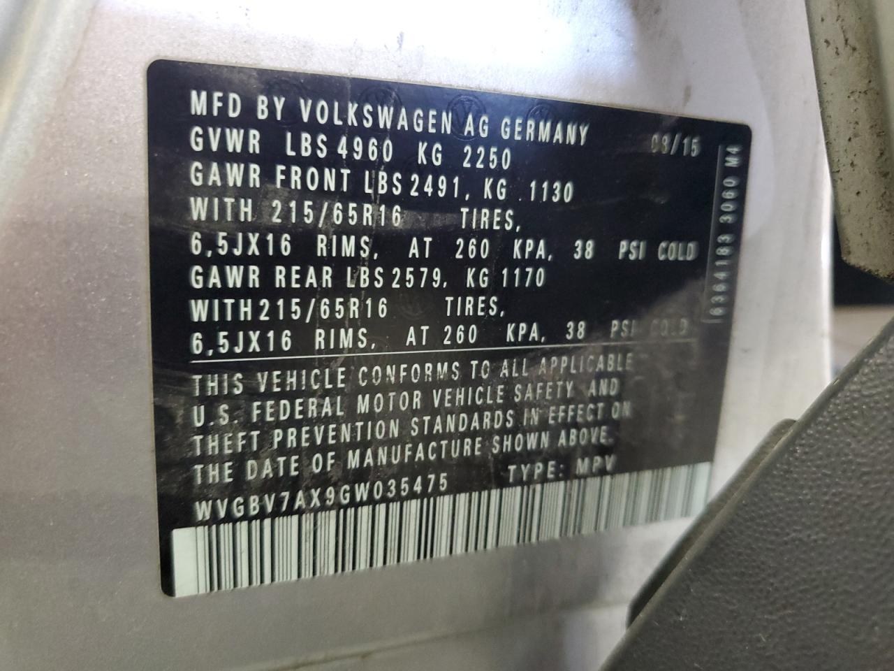 2016 Volkswagen Tiguan S VIN: WVGBV7AX9GW035475 Lot: 68753575