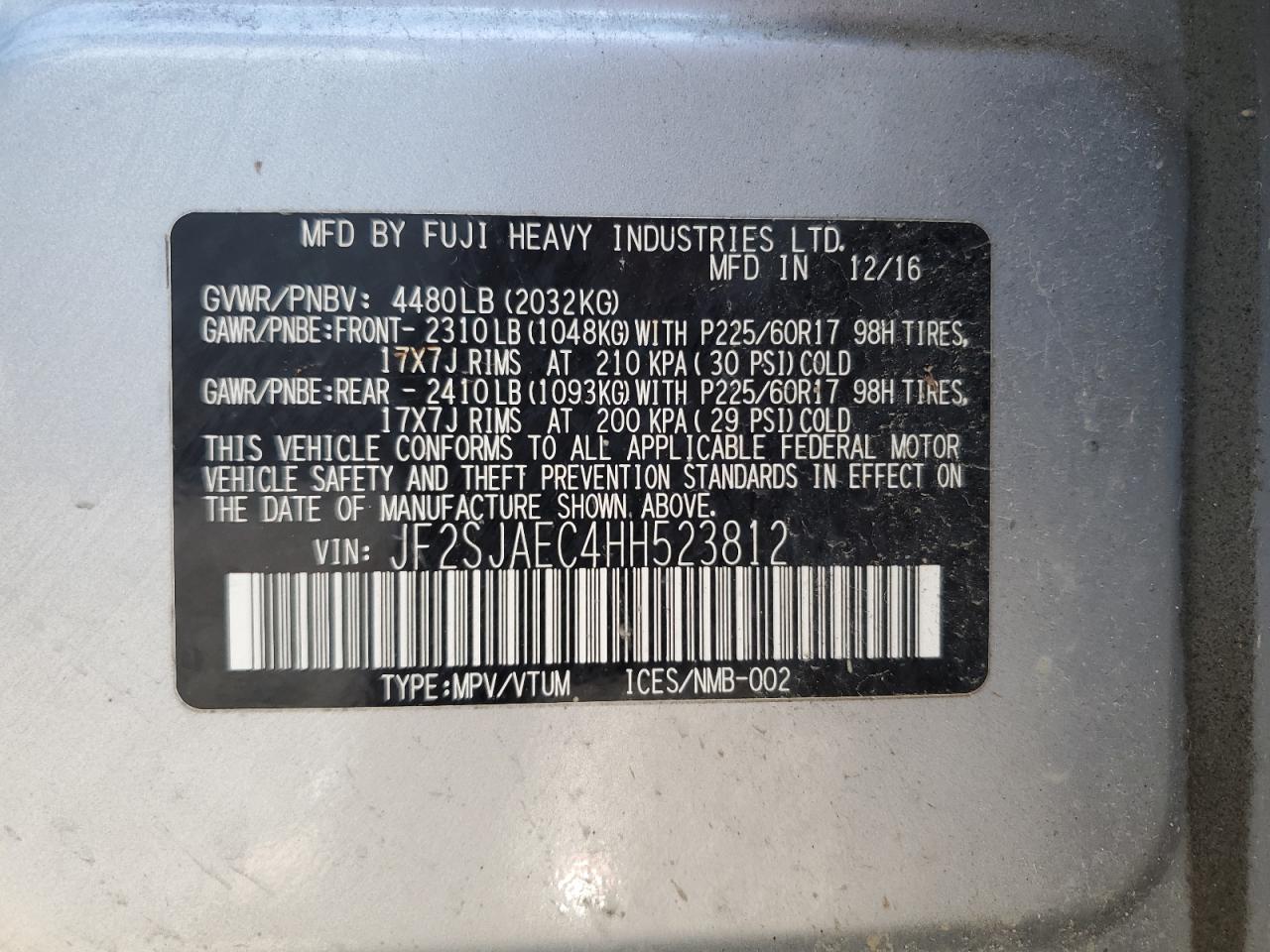 2017 Subaru Forester 2.5I Premium VIN: JF2SJAEC4HH523812 Lot: 68206655