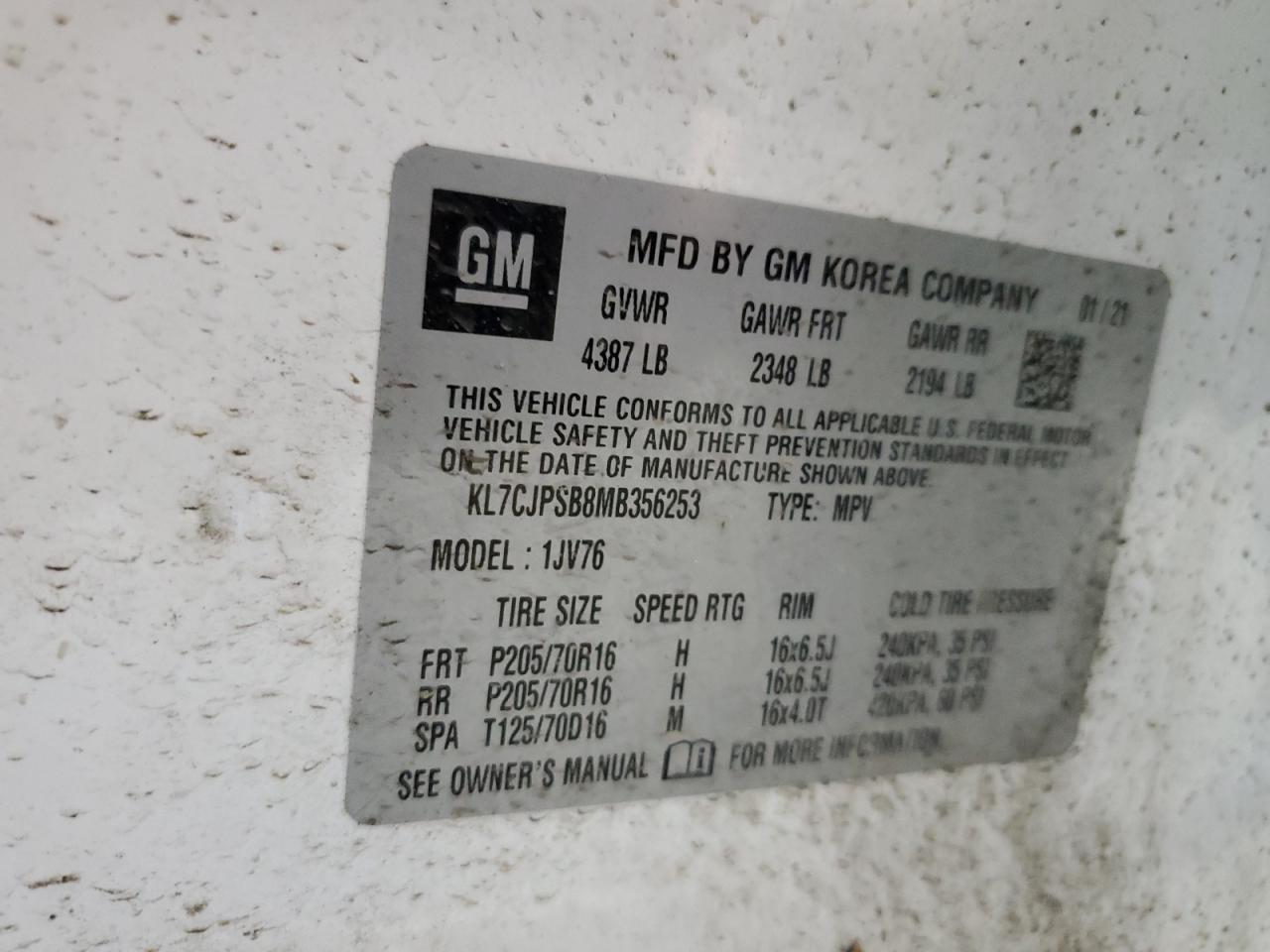 2021 Chevrolet Trax 1Lt VIN: KL7CJPSB8MB356253 Lot: 69099045