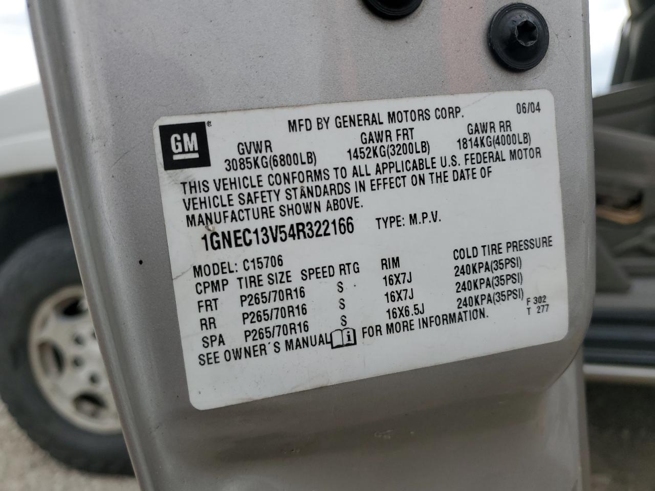 2004 Chevrolet Tahoe C1500 VIN: 1GNEC13V54R322166 Lot: 90008565