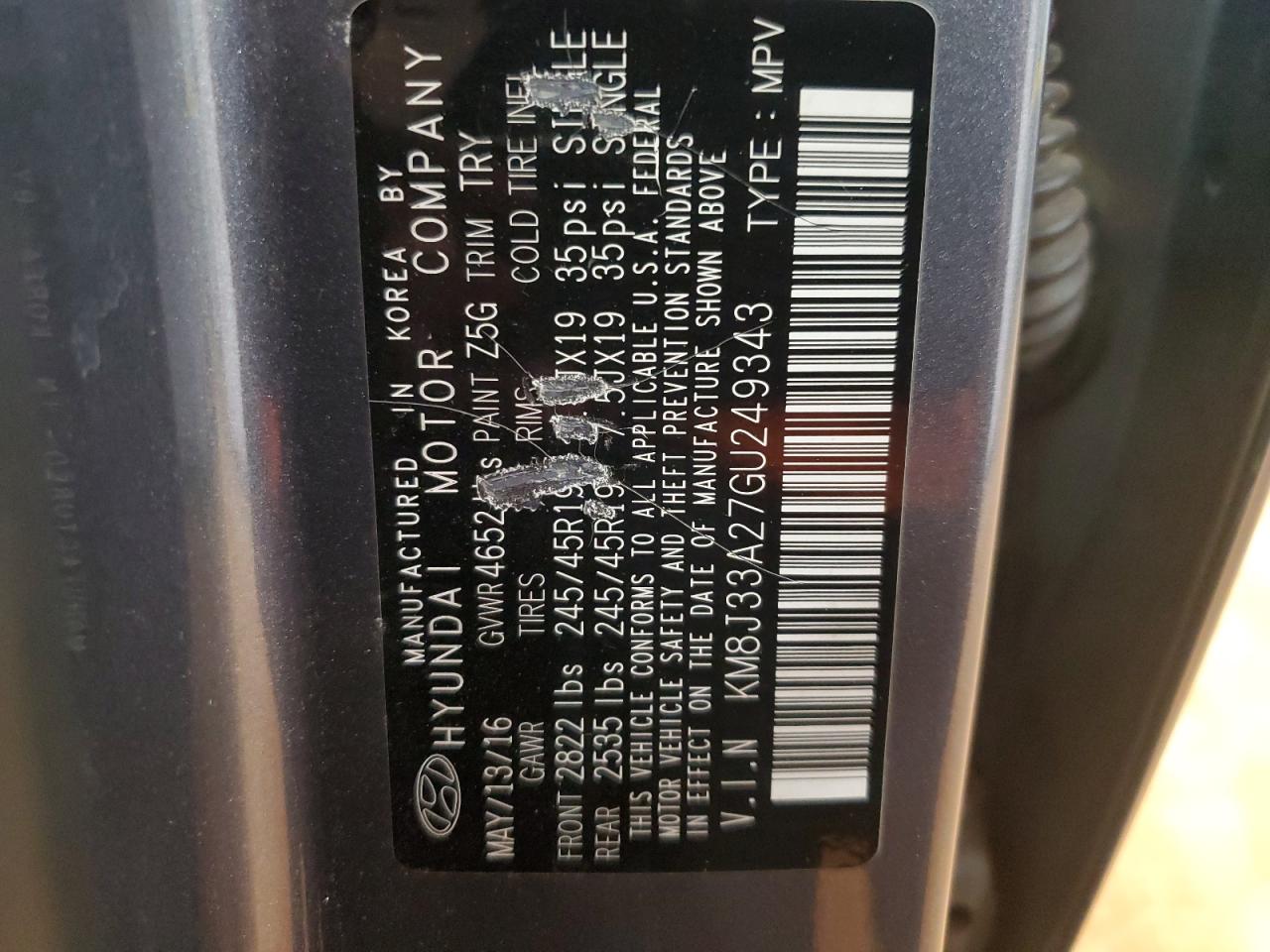 2016 Hyundai Tucson Limited VIN: KM8J33A27GU249343 Lot: 69850965