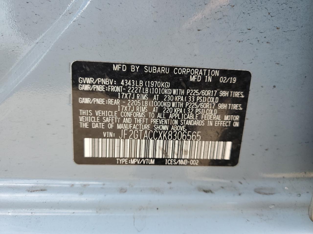 2019 Subaru Crosstrek Premium VIN: JF2GTACCXK8306565 Lot: 70288665