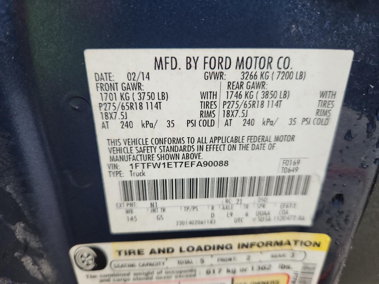 2014 Ford F150 Supercrew VIN: 1FTFW1ET7EFA90088 Lot: 70008065