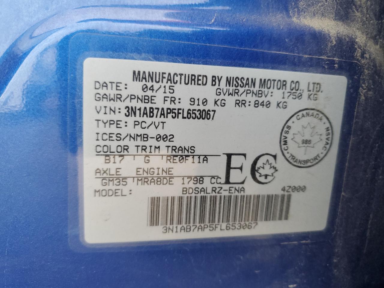 2015 Nissan Sentra S VIN: 3N1AB7AP5FL653067 Lot: 69832705