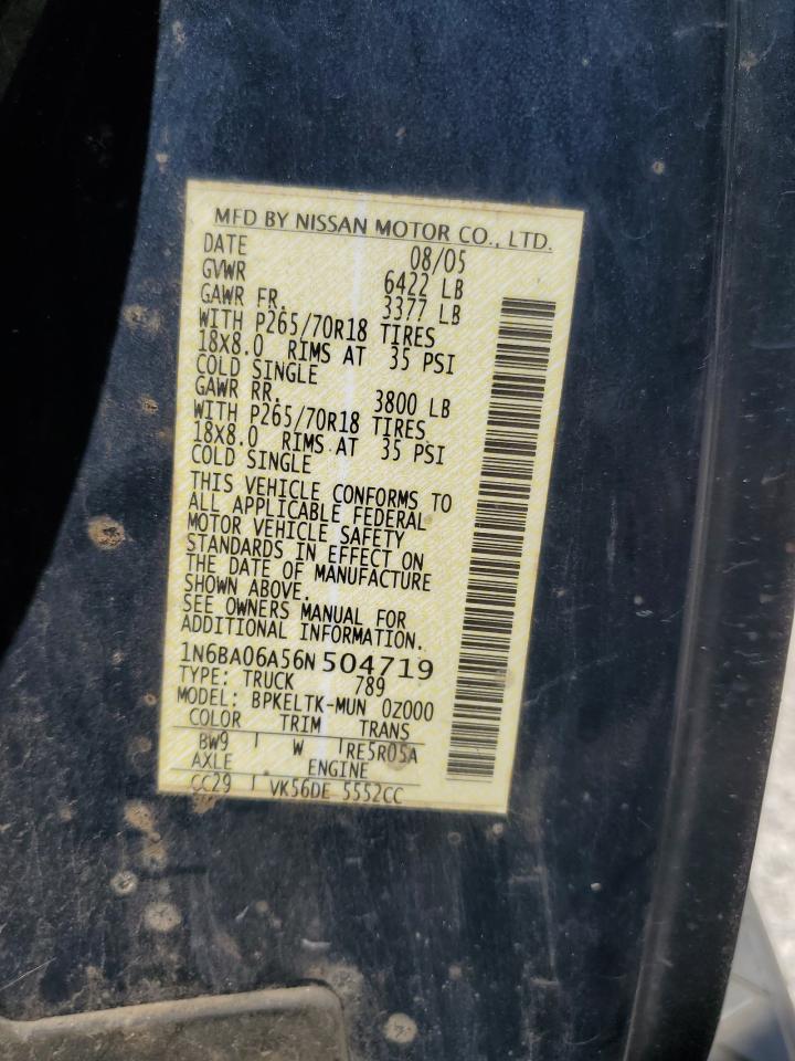 2006 Nissan Titan Xe VIN: 1N6BA06A56N504719 Lot: 70922785