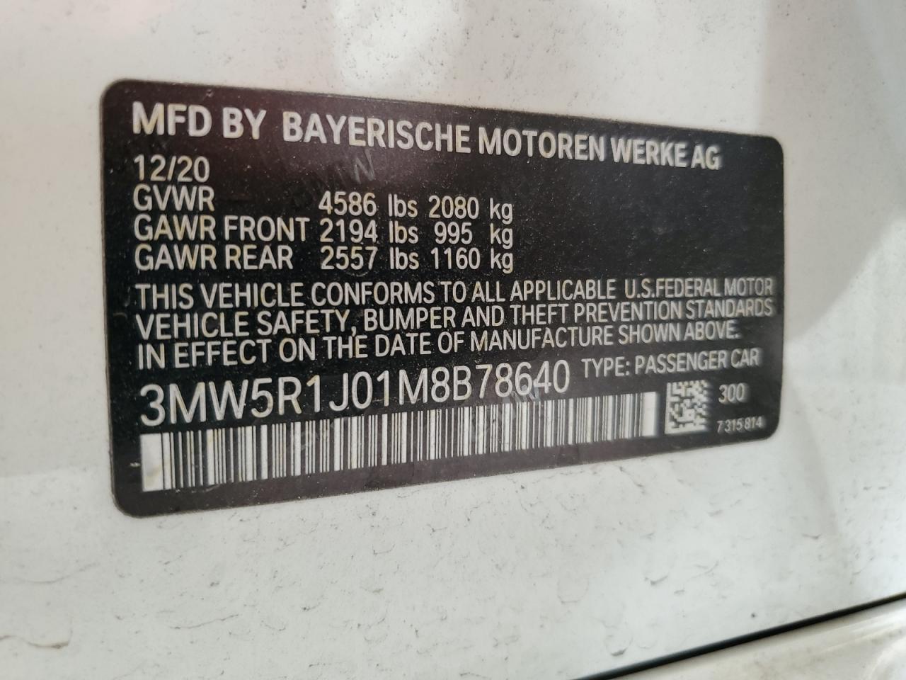 2021 BMW 330I VIN: 3MW5R1J01M8B78640 Lot: 70451205