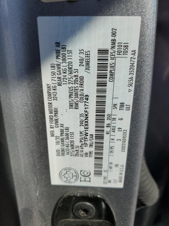 2022 Ford F150 Supercrew VIN: 1FTFW1E8XNKF17749 Lot: 69495945