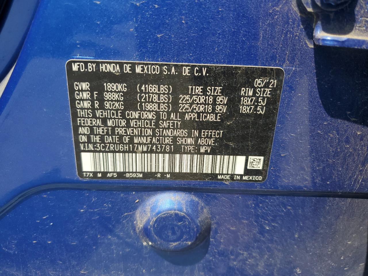 2021 Honda Hr-V Sport VIN: 3CZRU6H17MM743781 Lot: 68978825